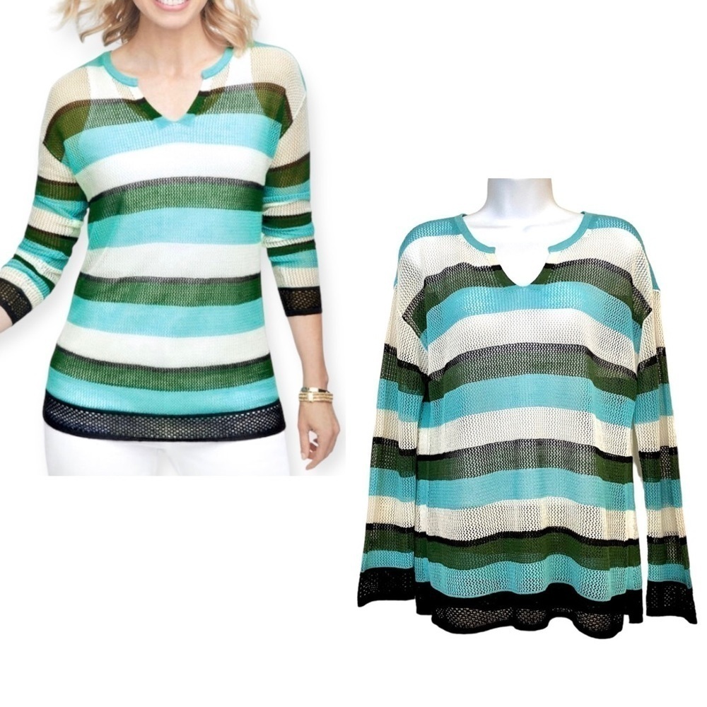 Talbots Split Neck Mesh Stripe Linen Blend Pullover Top Size MP Lightweight